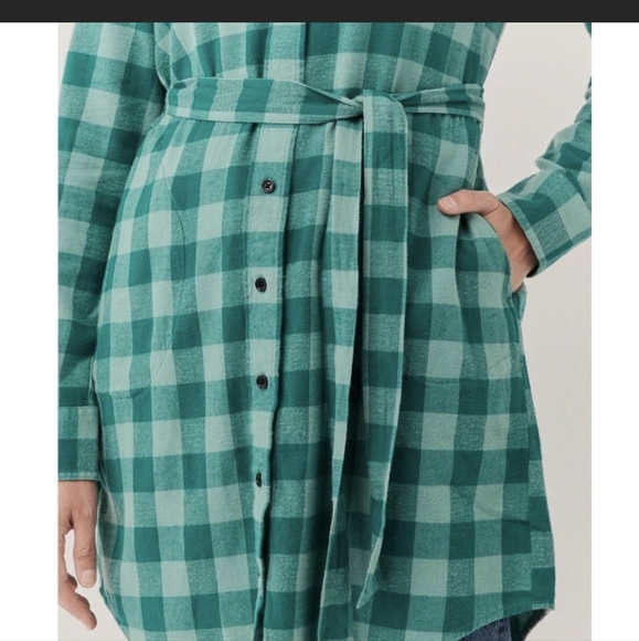 Pact Mineral Green Checked Flannel Dress Shirt with a belt - Picture 2 of 4